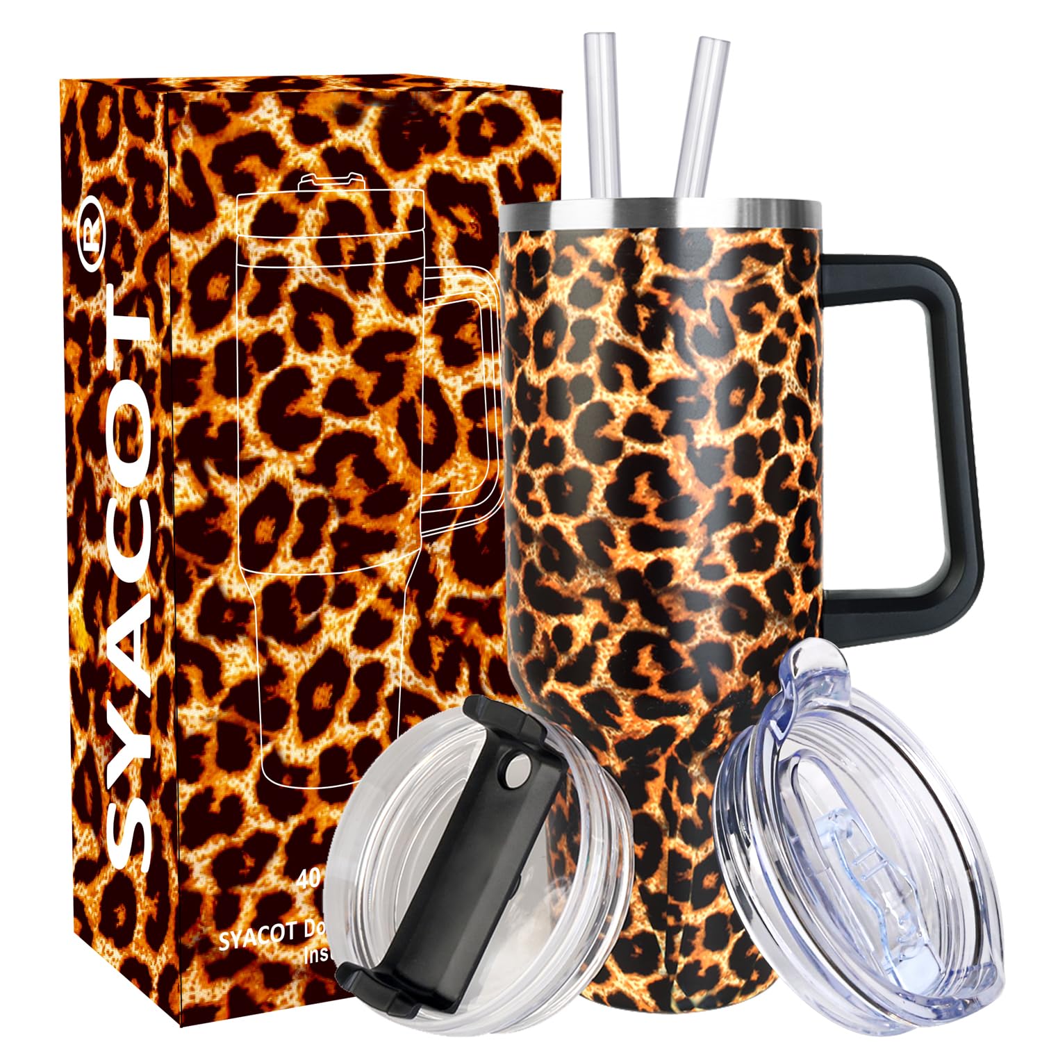 SYACOT 40 oz Tumbler with Handle and Straw Stainless Steel Insulated Tumbler Leak Proof Lid and Straw Lid Reusable Travel Mug Coffee Mug Cup Dishwasher Safe Keep Drinks Cold and Hot (Ceramics)