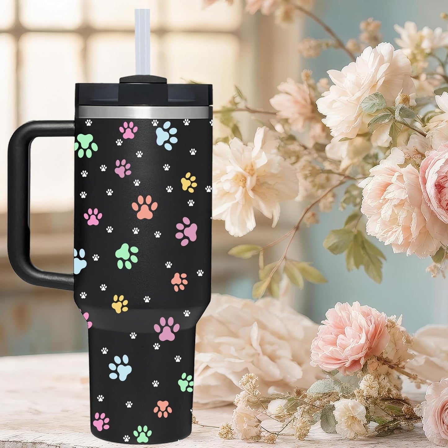 AMZUShome 40 OZ Paw Tumbler with Handle.Dog Cat Lover Paw Gifts.Unique Birthday Christmas Gifts for Dog Cat Paws Lover.Personalized 40 OZ Paws Tumbler Gifts for Women Men.