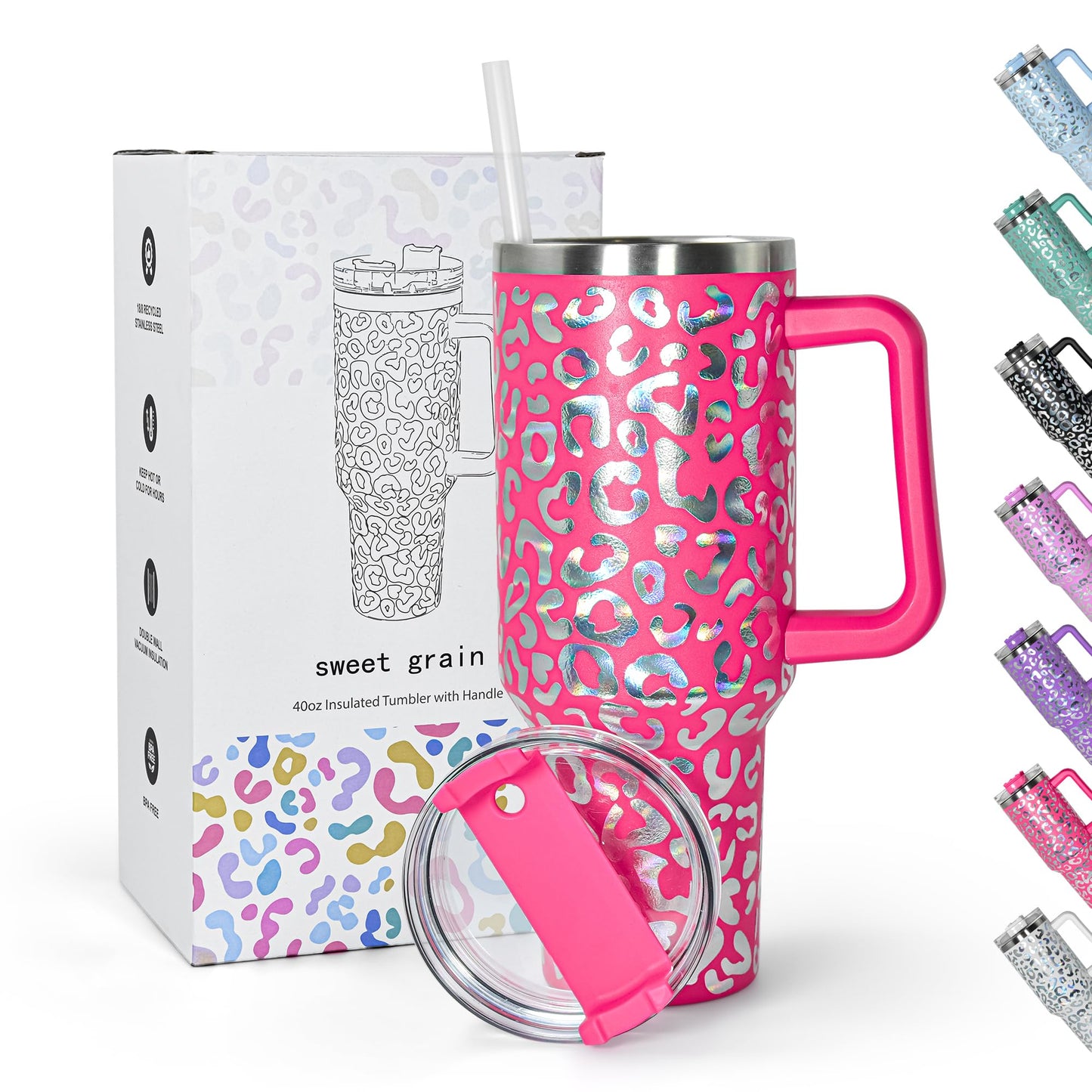 sweet grain 40 oz Tumbler with Handle and Straw, Stainless Steel White Leopard Print Tumbler and Straw Lid, Double Vacuum Cheetah Cup, Keeps Drinks Cold Up to 24 Hours