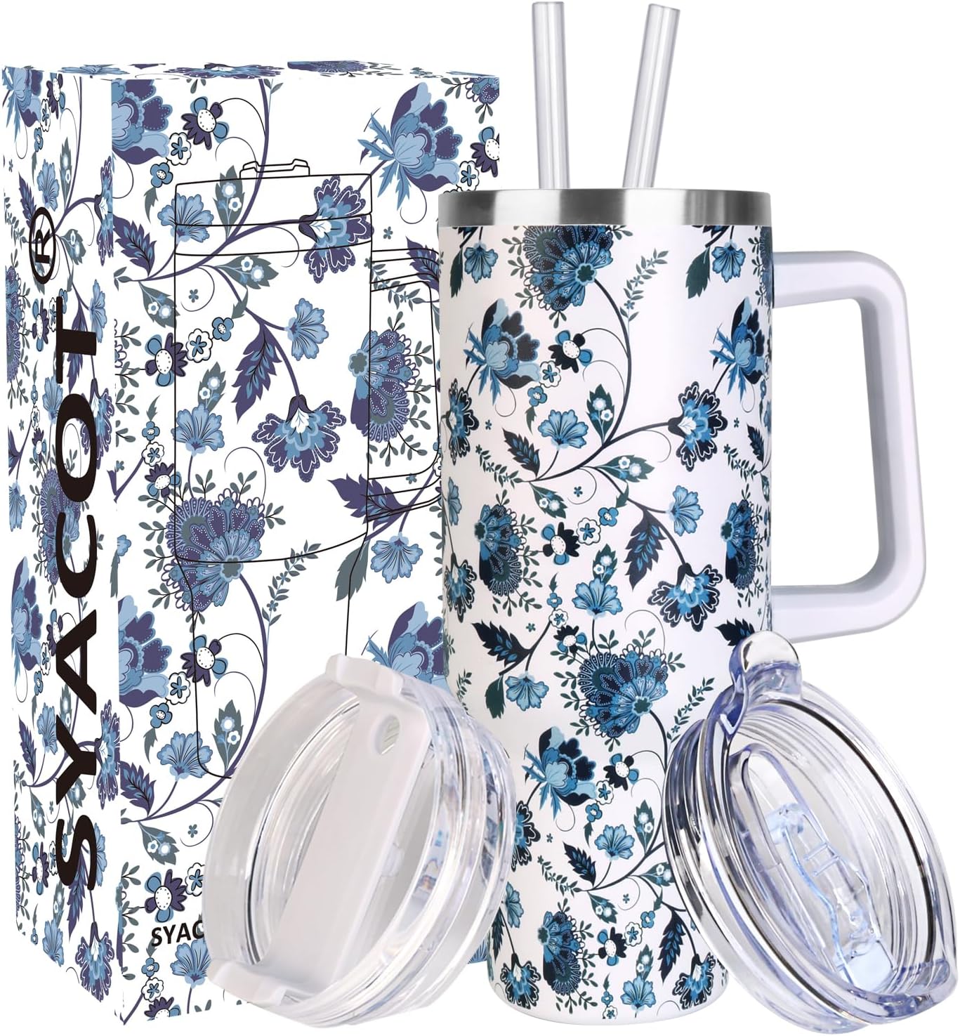 SYACOT 40 oz Tumbler with Handle and Straw Stainless Steel Insulated Tumbler Leak Proof Lid and Straw Lid Reusable Travel Mug Coffee Mug Cup Dishwasher Safe Keep Drinks Cold and Hot (Ceramics)