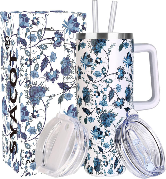 SYACOT 40 oz Tumbler with Handle and Straw Stainless Steel Insulated Tumbler Leak Proof Lid and Straw Lid Reusable Travel Mug Coffee Mug Cup Dishwasher Safe Keep Drinks Cold and Hot (Ceramics)