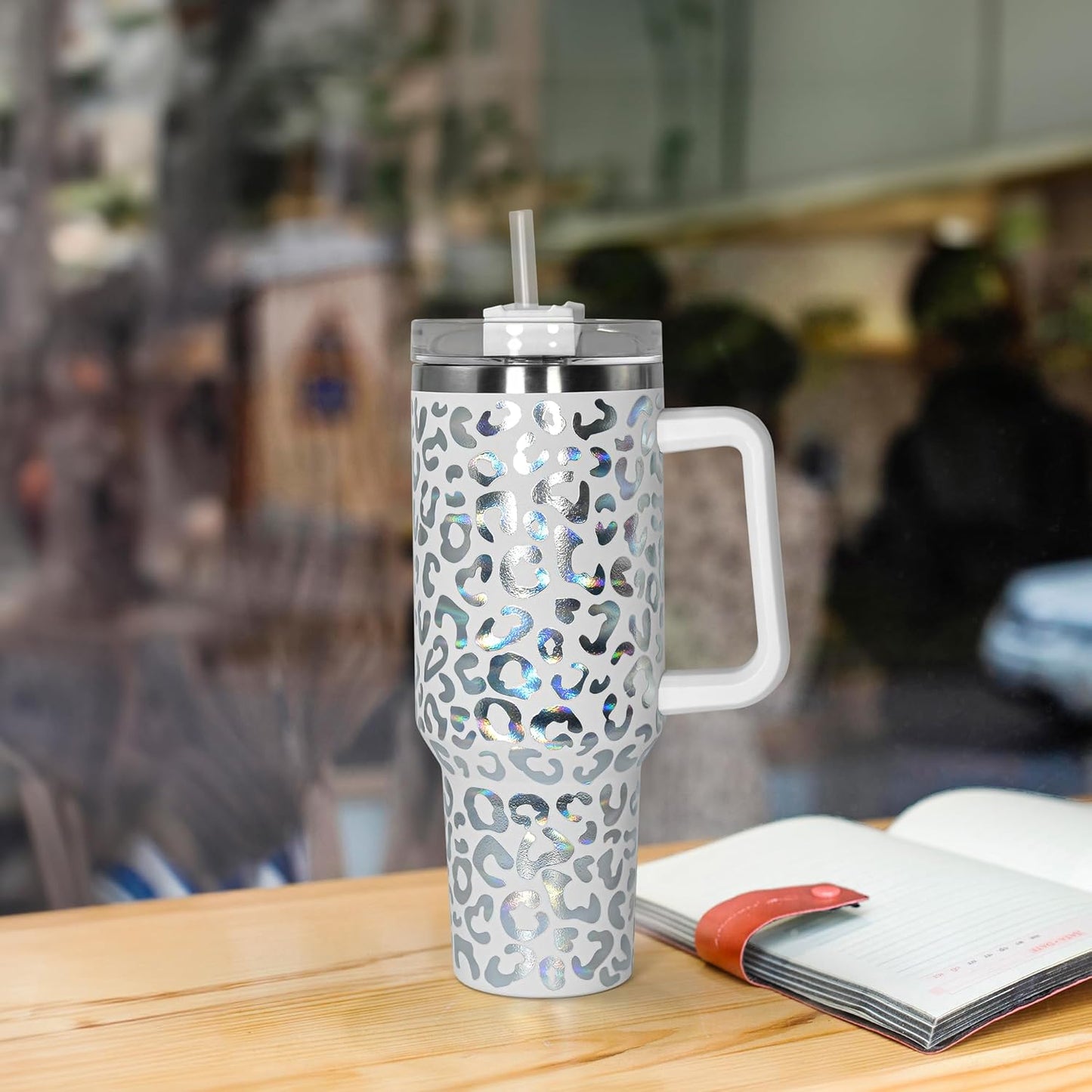 sweet grain 40 oz Tumbler with Handle and Straw, Stainless Steel White Leopard Print Tumbler and Straw Lid, Double Vacuum Cheetah Cup, Keeps Drinks Cold Up to 24 Hours