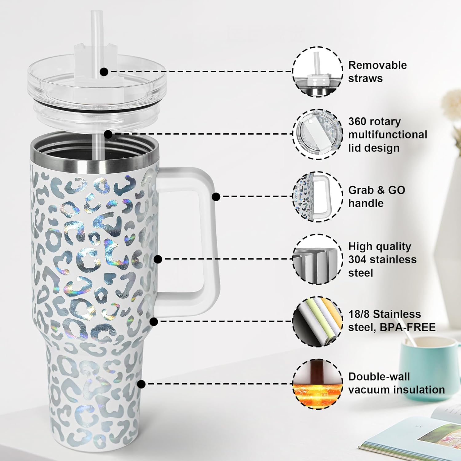 sweet grain 40 oz Tumbler with Handle and Straw, Stainless Steel White Leopard Print Tumbler and Straw Lid, Double Vacuum Cheetah Cup, Keeps Drinks Cold Up to 24 Hours