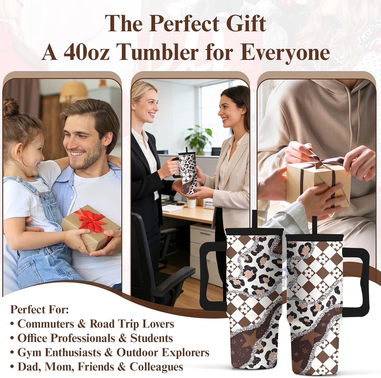 Leopard Print Tumbler 40oz with Handle and Straw - Animal Print Coffee Cup for Women, Wild Print Travel Mug, Insulated Spill Proof Cup, Cute Water Bottle