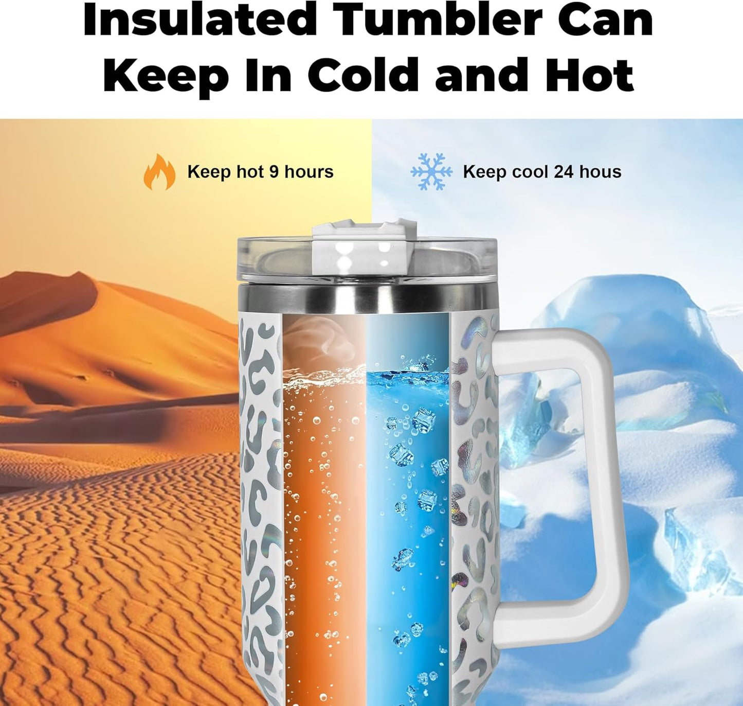 sweet grain 40 oz Tumbler with Handle and Straw, Stainless Steel White Leopard Print Tumbler and Straw Lid, Double Vacuum Cheetah Cup, Keeps Drinks Cold Up to 24 Hours