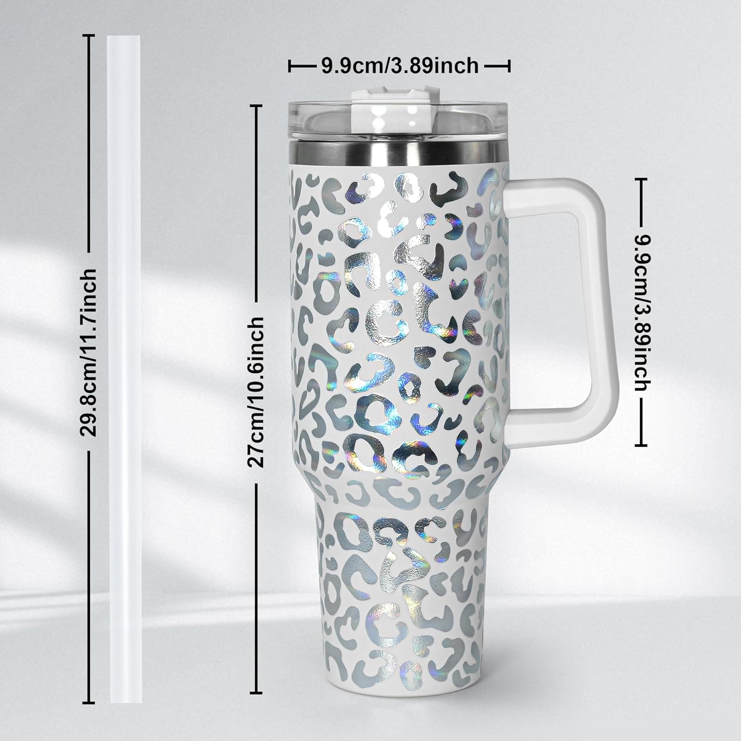 sweet grain 40 oz Tumbler with Handle and Straw, Stainless Steel White Leopard Print Tumbler and Straw Lid, Double Vacuum Cheetah Cup, Keeps Drinks Cold Up to 24 Hours