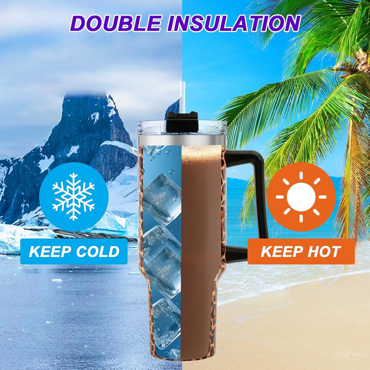 40 oz Tumbler with Handle and Flip Straw Lid, Vacuum Insulated Leak Proof Double Walled Stainless Steel Travel Mug Tumblers, Maintains Cold Ice and Heat for Hours(Leopard Brown Tumbler)