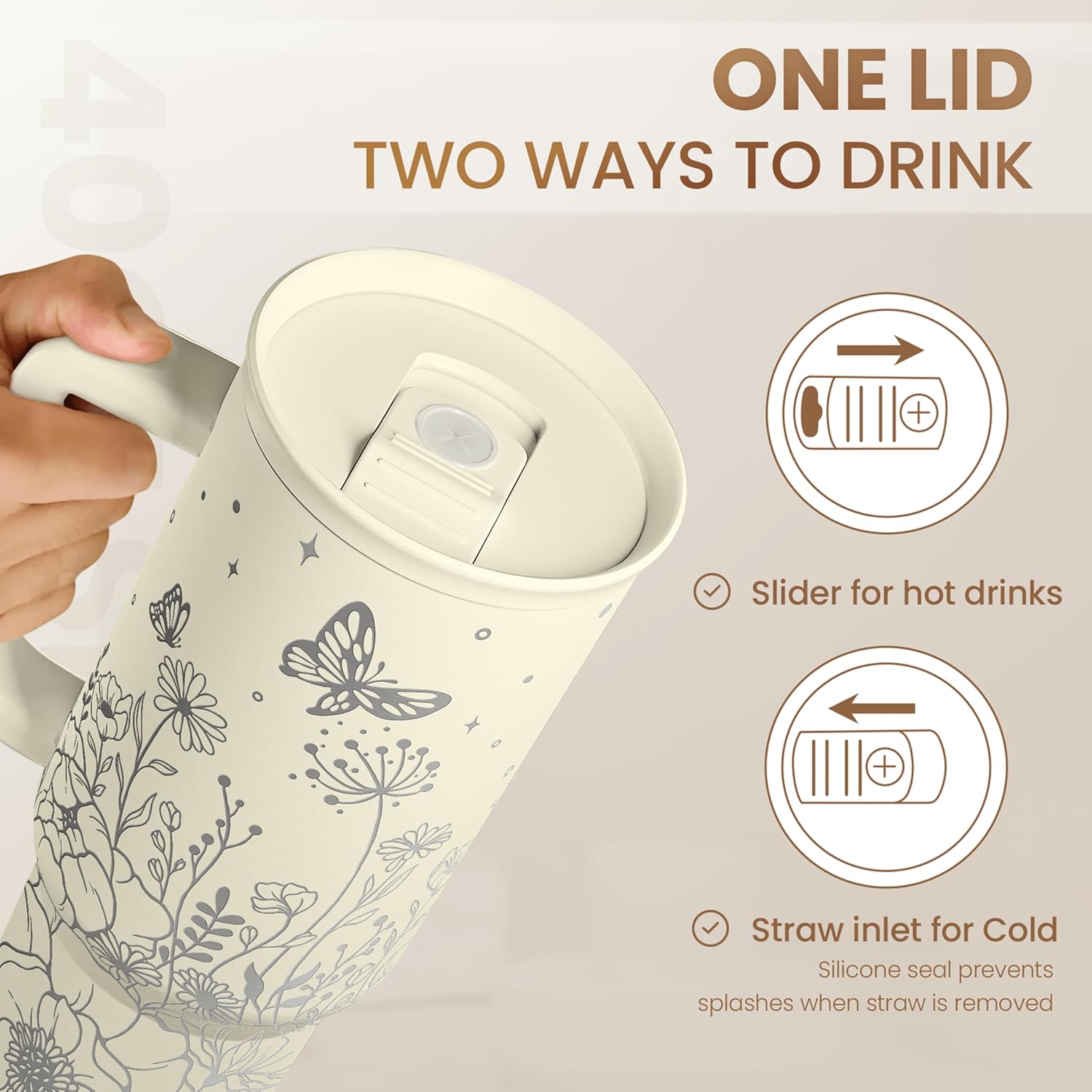 Floral Tumbler with Handle 40oz, Stainless Steel Insulated Tumblers Coffee Travel Mug Cup with Straw, Flower Coffee Cup Gifts for Women Girls, Gift for Her on Christmas Birthday Mothers Day