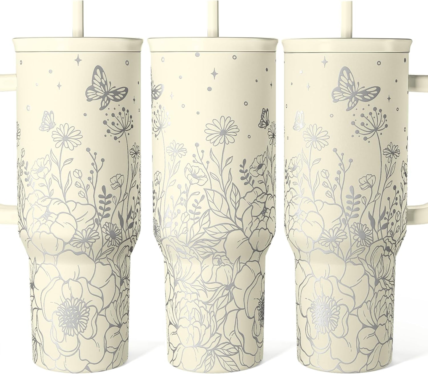 Floral Tumbler with Handle 40oz, Stainless Steel Insulated Tumblers Coffee Travel Mug Cup with Straw, Flower Coffee Cup Gifts for Women Girls, Gift for Her on Christmas Birthday Mothers Day