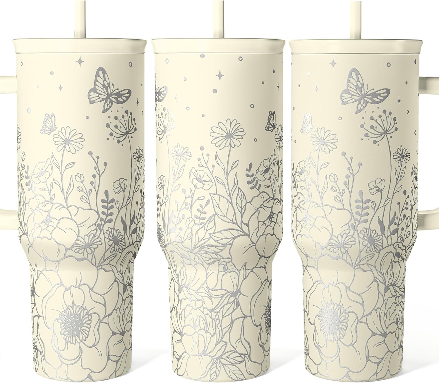 Floral Tumbler with Handle 40oz, Stainless Steel Insulated Tumblers Coffee Travel Mug Cup with Straw, Flower Coffee Cup Gifts for Women Girls, Gift for Her on Christmas Birthday Mothers Day