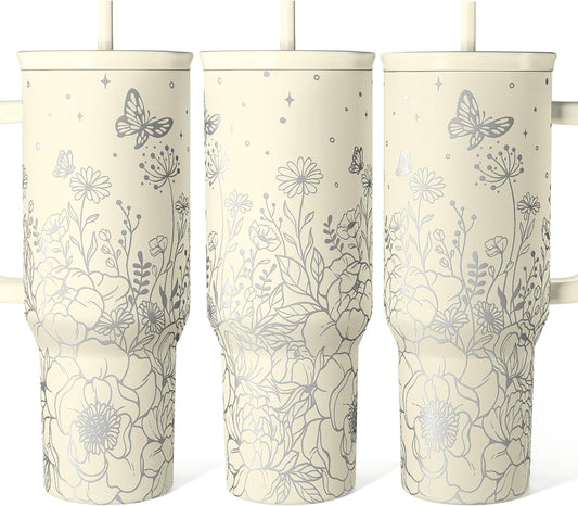 Floral Tumbler with Handle 40oz, Stainless Steel Insulated Tumblers Coffee Travel Mug Cup with Straw, Flower Coffee Cup Gifts for Women Girls, Gift for Her on Christmas Birthday Mothers Day
