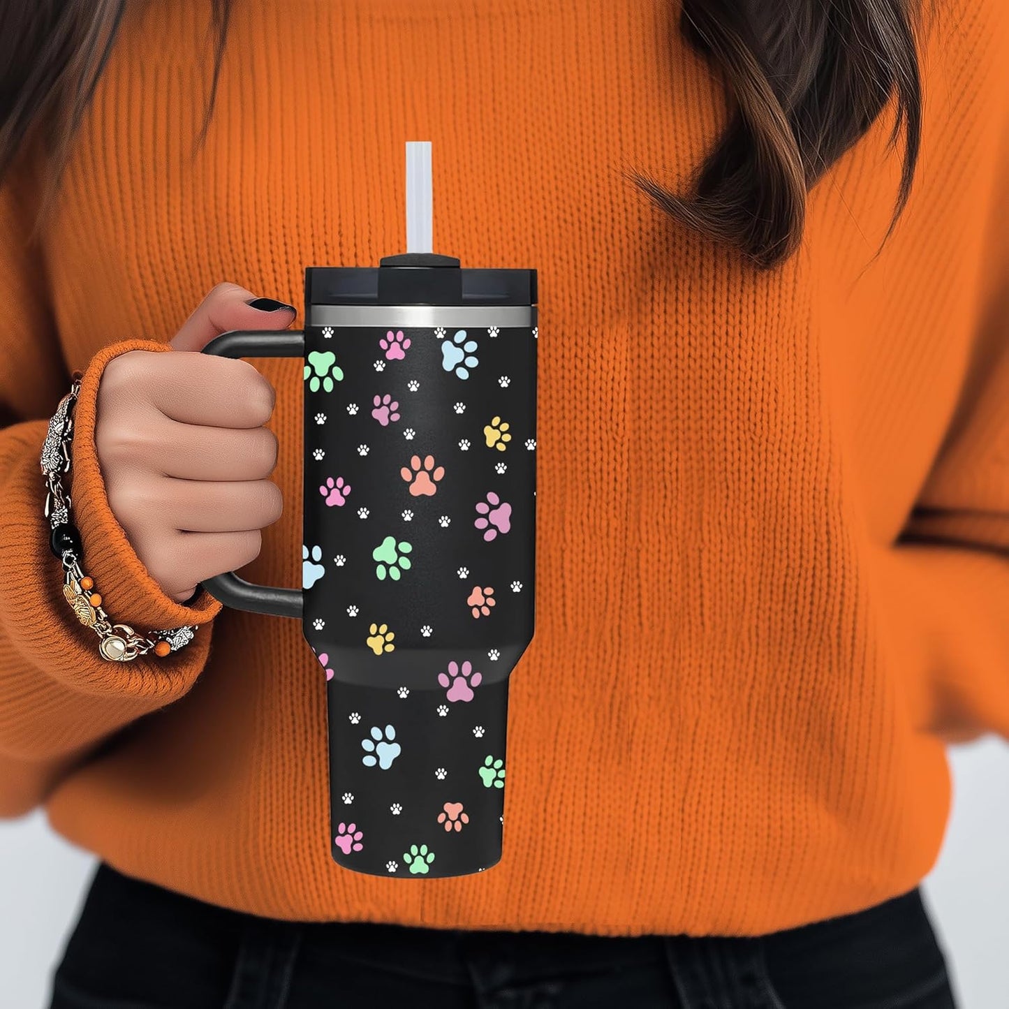 AMZUShome 40 OZ Paw Tumbler with Handle.Dog Cat Lover Paw Gifts.Unique Birthday Christmas Gifts for Dog Cat Paws Lover.Personalized 40 OZ Paws Tumbler Gifts for Women Men.