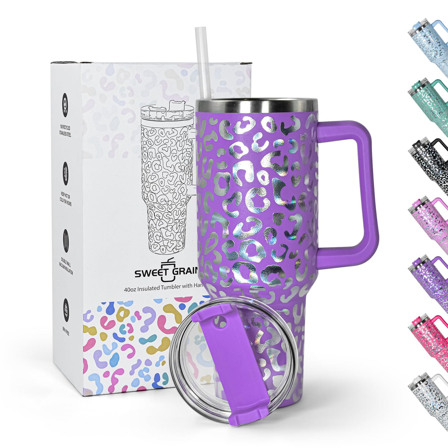 sweet grain 40 oz Tumbler with Handle and Straw, Stainless Steel White Leopard Print Tumbler and Straw Lid, Double Vacuum Cheetah Cup, Keeps Drinks Cold Up to 24 Hours