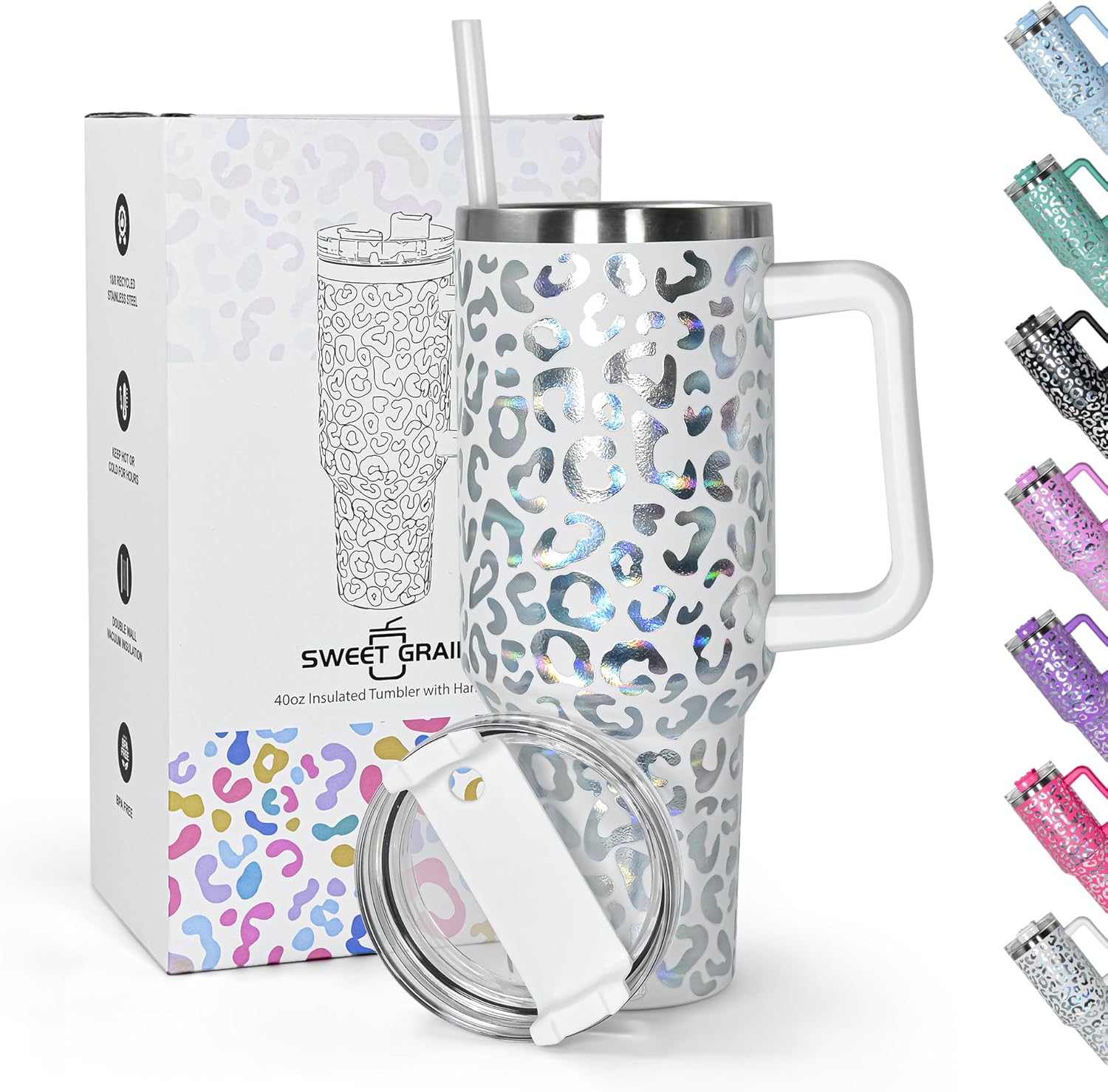 sweet grain 40 oz Tumbler with Handle and Straw, Stainless Steel White Leopard Print Tumbler and Straw Lid, Double Vacuum Cheetah Cup, Keeps Drinks Cold Up to 24 Hours