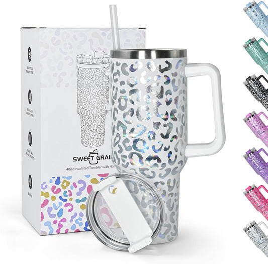 sweet grain 40 oz Tumbler with Handle and Straw, Stainless Steel White Leopard Print Tumbler and Straw Lid, Double Vacuum Cheetah Cup, Keeps Drinks Cold Up to 24 Hours