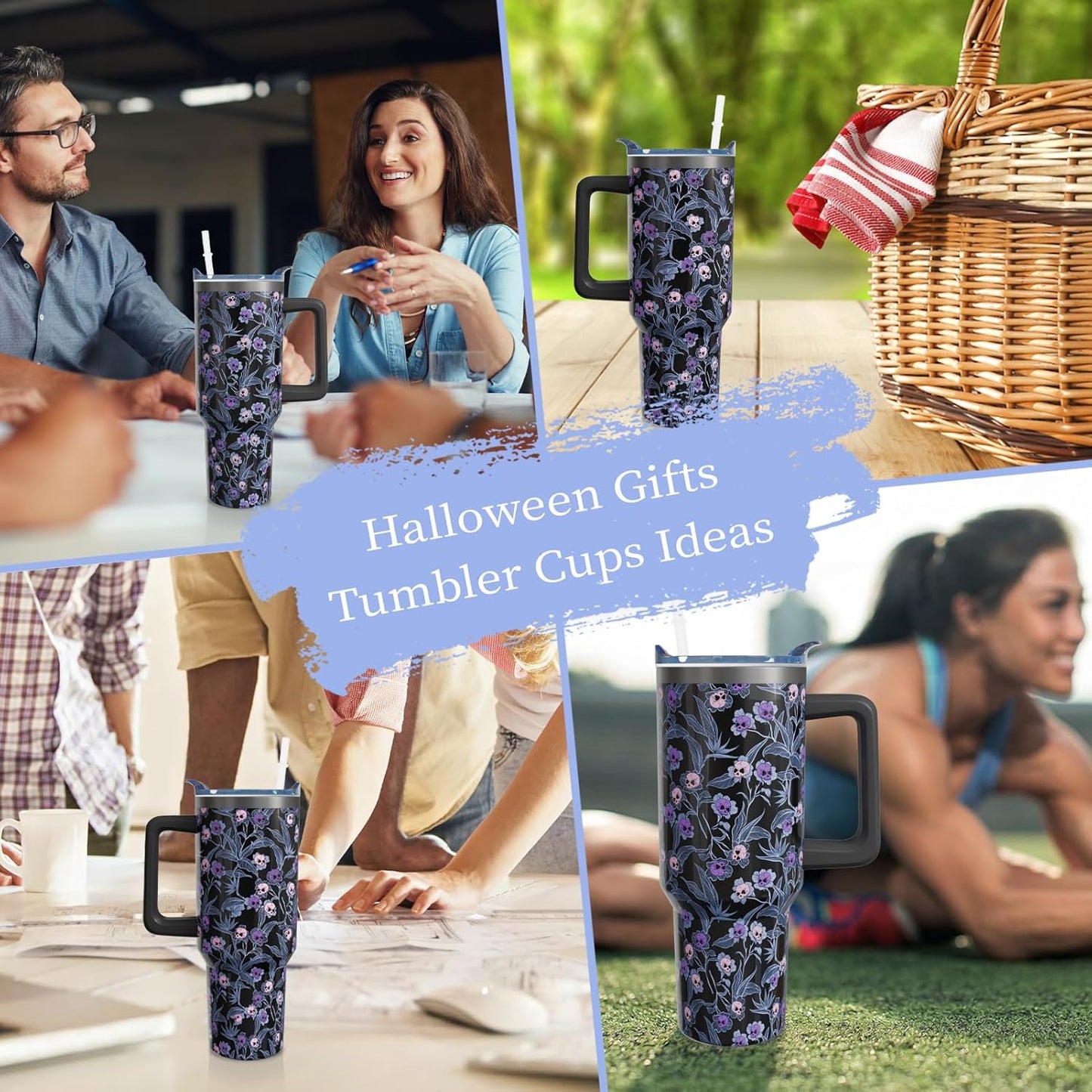 40oz Halloween Gothic Tumbler with Handle and Straw, Goth Skull Stainless Steel Insulated Cup Water Bottle, Halloween Holiday Gifts for Women Men (1PC)