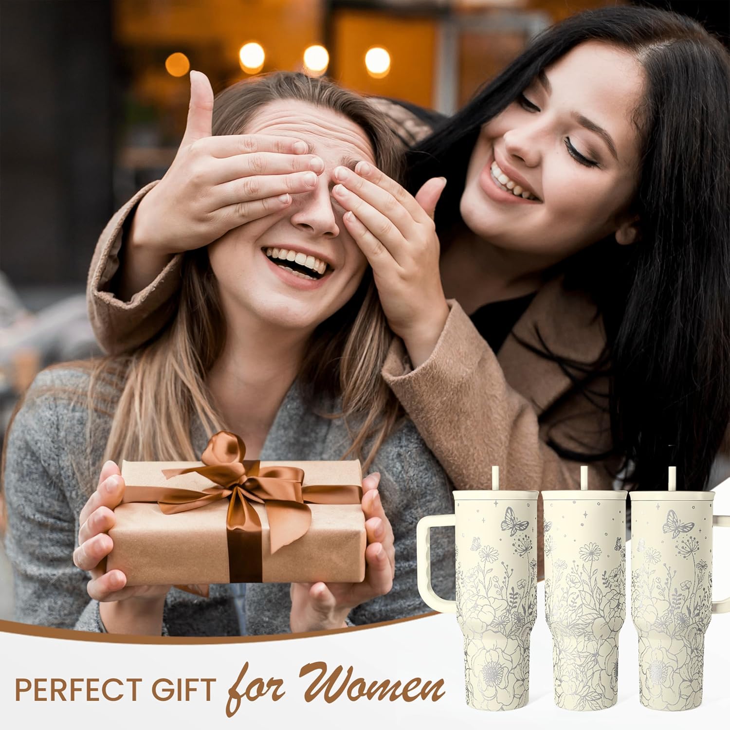 Floral Tumbler with Handle 40oz, Stainless Steel Insulated Tumblers Coffee Travel Mug Cup with Straw, Flower Coffee Cup Gifts for Women Girls, Gift for Her on Christmas Birthday Mothers Day